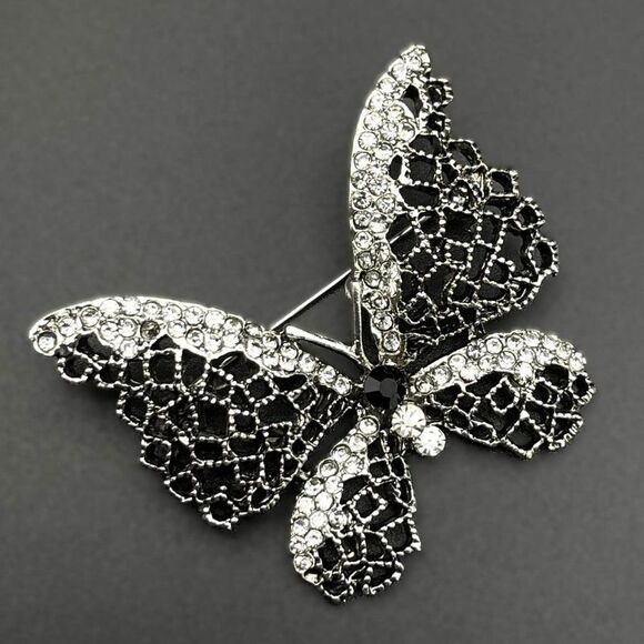 Silver with Onyx and White Diamond Crystal Filigree Butterfly Pin Back Brooch - Picture 1 of 7